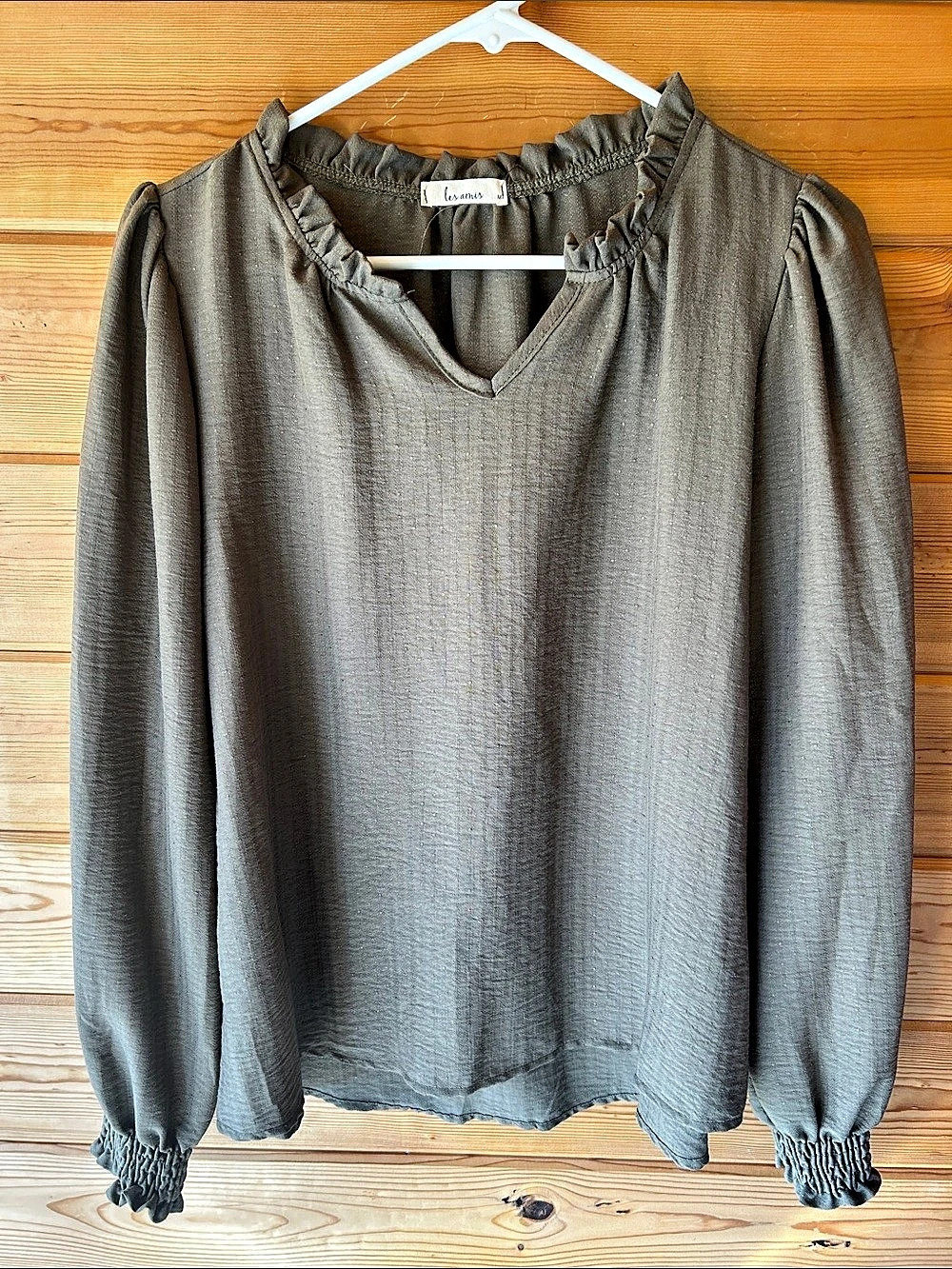 Les amis Ruffled Neck Long Sleeve Blouse greenish gray NWOT